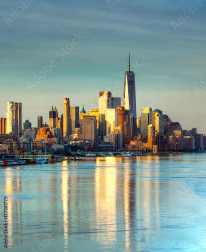 "Basking in Gold." NYC Skyline. 1WTC. Freedom Tower. Sunrise from Hoboken © Dimitri