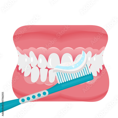 Jaw with teeth and toothbrush icon flat style. Open mouth, dentures. Dentistry, medicine concept. Isolated on white background. Vector illustration