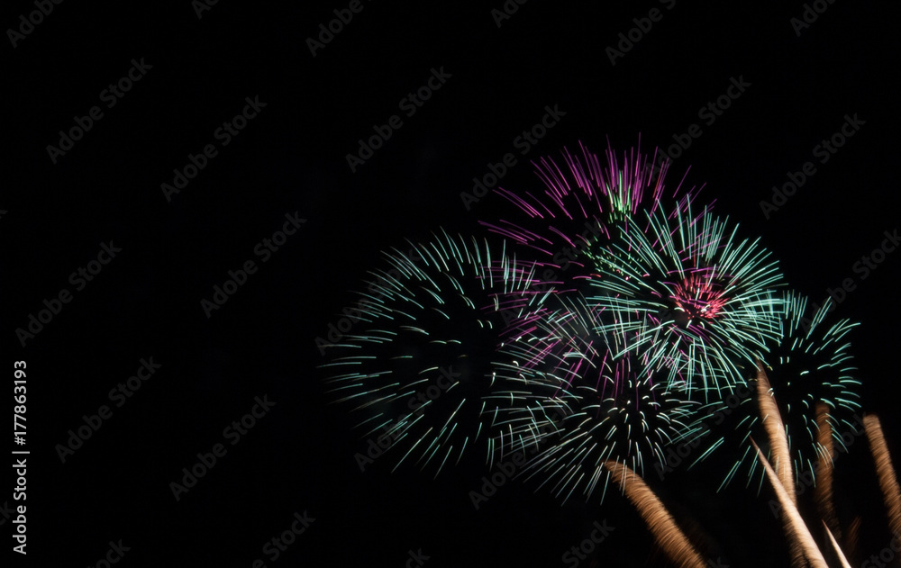 Night Fireworks show scene. Celebrated by a grand fireworks display (copy space). Night Fireworks show scene. Celebrated by a grand fireworks display (copy space).