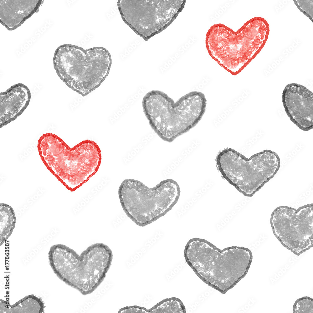 Monochrome and red heart seamless background.