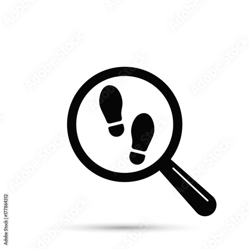 Footprint searching icon, vector isolated flat illustration with magnifier and shoe print