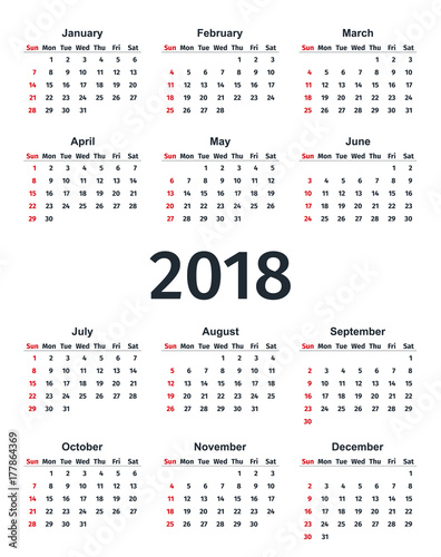 2018 Calendar in simple style. Week starts Sunday. Vector. Stationery 2018 template in minimal design. Yearly calendar organizer.