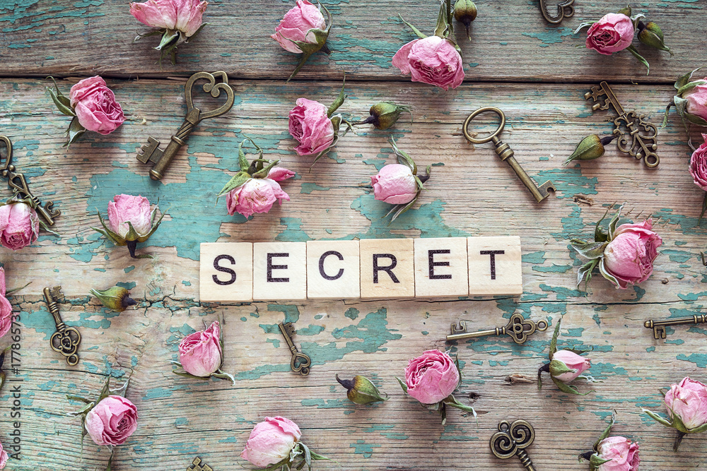 Obraz premium Słowo sekret z vintage klucze i małe różowe róże na starym drewnianym tle.