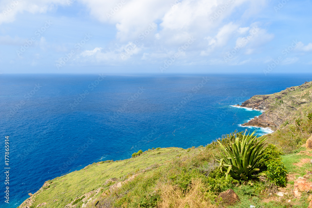 View from Shirley Heights to the coast of Antigua, paradise bay at tropical island in the Caribbean Sea