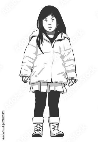 Illustration of young asian girl wearing winter coat and boots in black and white