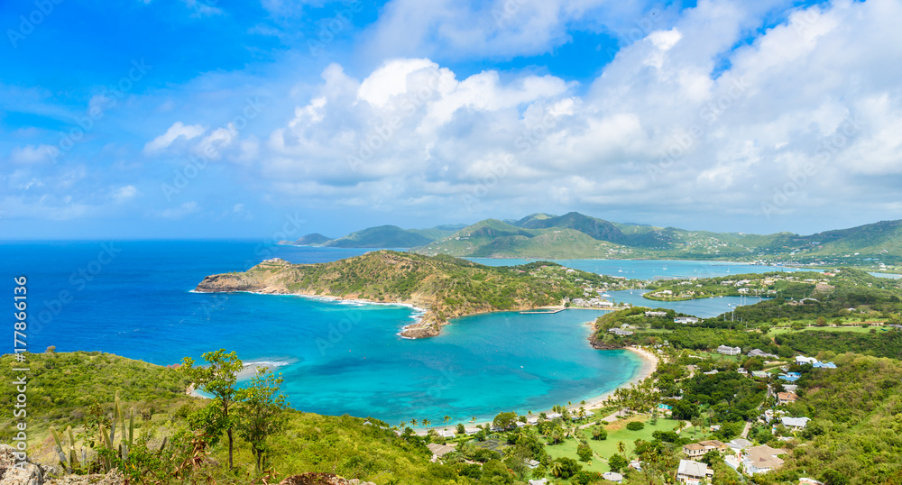 View of English Harbor from Shirley Heights, Antigua, paradise bay at tropical island in the Caribbean Sea View of English Harbor from Shirley Heights, Antigua, paradise bay at tropical island in the Caribbean Sea
