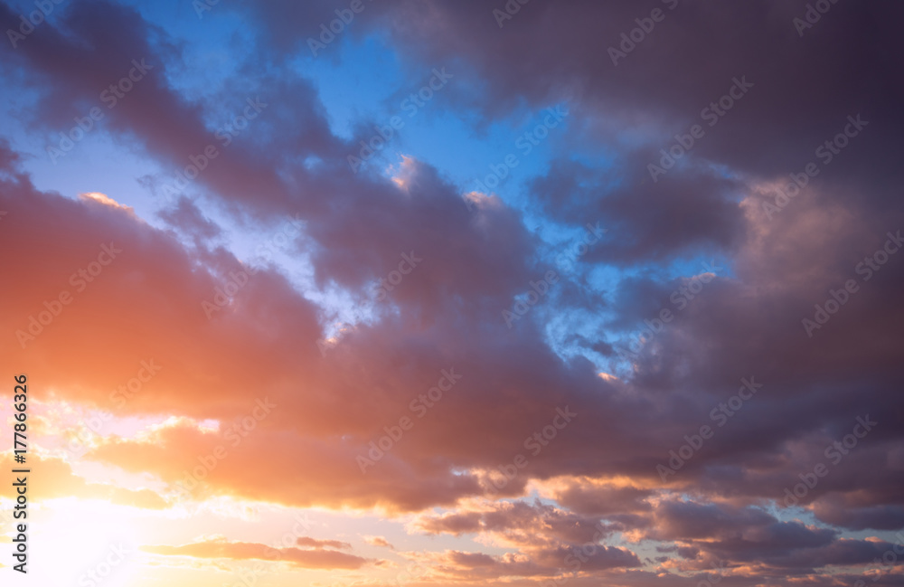 Dawn after a thunderstorm with cumulus clouds.
