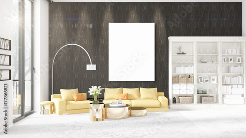 Fashionable modern loft interior with empty frame and copyspace in horizontal arrangement. 3D rendering.