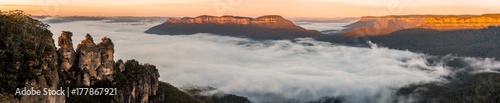 Three Sisters, Jamison Valley, Katoomba, with Fog at dawn photo