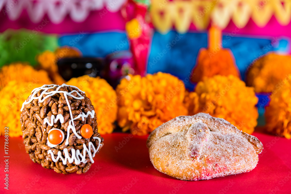 Day of the dead celebration - Skulls, Mexican marigold, bread
