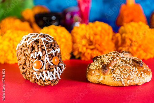 Day of the dead celebration - Skulls  Mexican marigold  bread