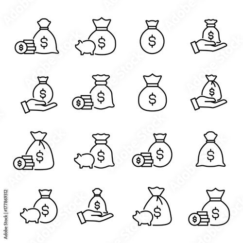 Premium set of moneybag line icons. 