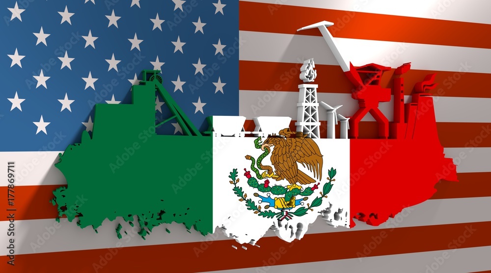 Energy and Power icons set and grunge brush stroke. Energy generation, transportation and heavy industry relative image. Flags of the USA and Mexico. 3D rendering Energy and Power icons set and grunge brush stroke. Energy generation, transportation and heavy industry relative image. Flags of the USA and Mexico. 3D rendering