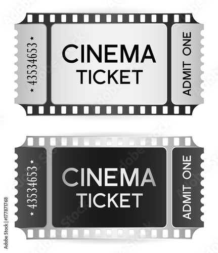 Cinema Ticket, token template (tear-off ticket film strip) isolated on white background. Useful for any film festival, party, cinema, event, entertainment show