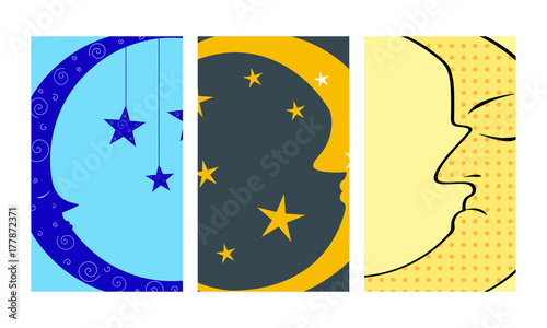Different moon cards nature cosmos cycle satellite surface whole cycle from new star vector illustration.
