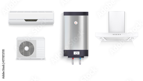 Set icons of household appliances on a white background. Air conditioning, water heater with chrome metal of front side, extractor hood, isolated 3D illustration with realistic shadows and reflections
