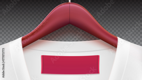 Horizontal template on transparent background for advertising of sales or new arrivals. Wooden clothes hangers with white blouse, empty tag on the collar. Place for your text on white tag.