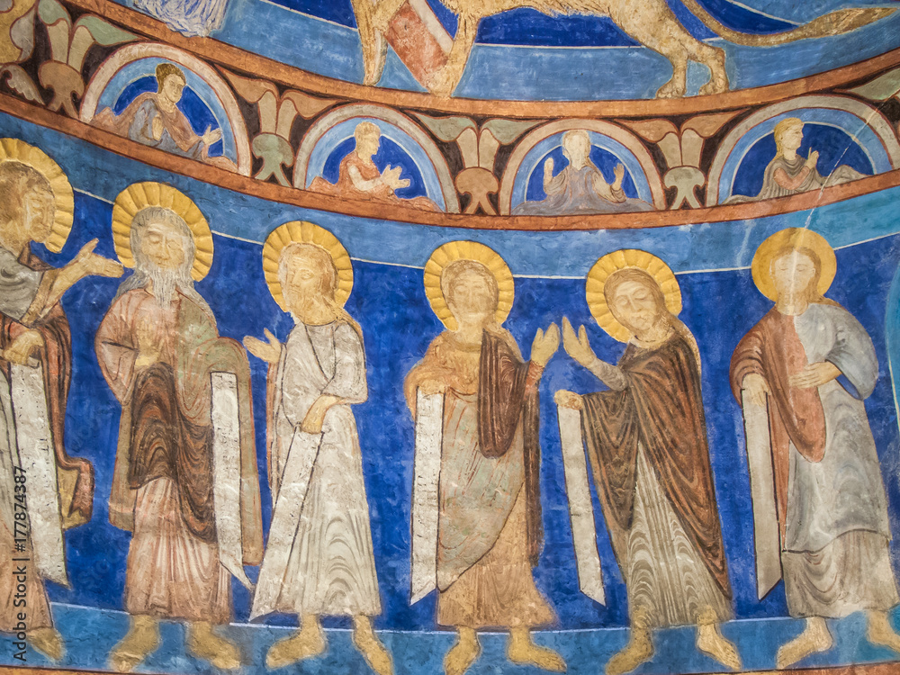 Six apostles with golden halos in stucco and text-bands in their hands,  a  romanesque wall-painting from the 1200s in a Swedish church