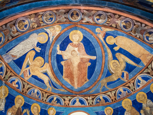 Christ in majesty, romanesque mural of Majestas domini within a mandorla. 