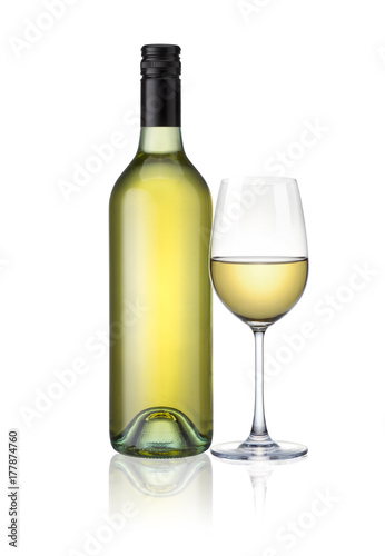 bottles of and glasses white wine isolated on white background with clip path