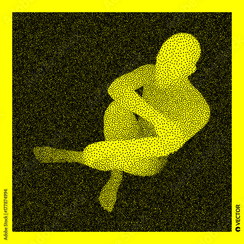 Sitting man. 3D Human Body Model. Black and yellow grainy design. Stippled vector illustration.