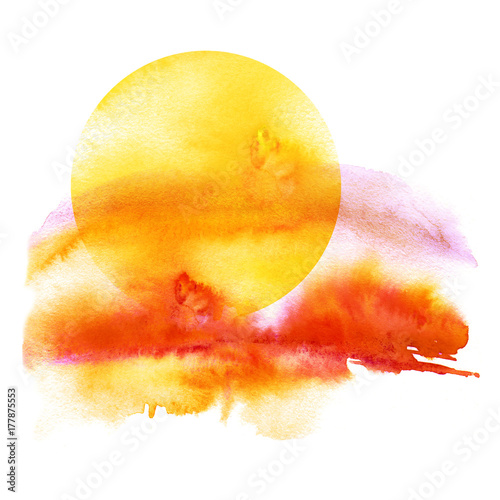 Watercolor pattern, illustration on white isolated background. Sunset, dawn, yellow sun on a yellow, orange, red sky with clouds.Vintage illustration. Watercolor beautiful background.