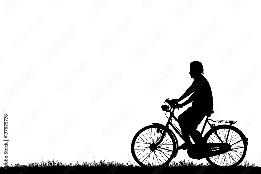 Naklejka premium Silhouette man and bike relaxing on white background