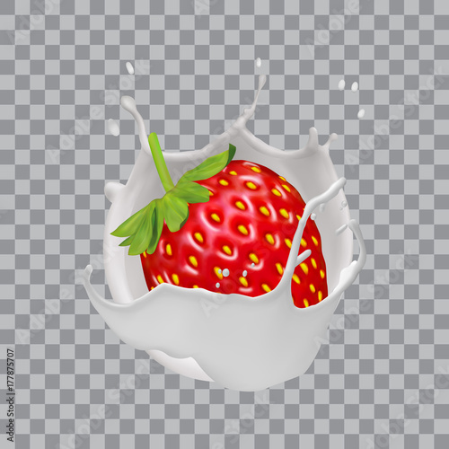 Strawberry and milk splash. Fruit yogurt. Realistic vector illustration.