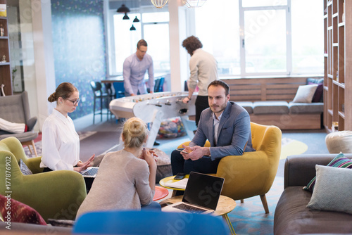 Startup Business Team At A Meeting at modern office building