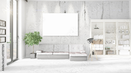 Fashionable modern loft interior with empty frame and copyspace in horizontal arrangement. 3D rendering.