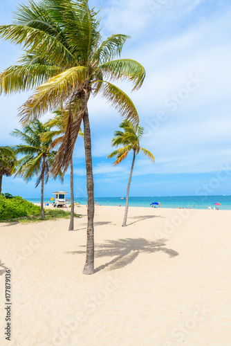 Paradise beach at Fort Lauderdale in Florida on a beautiful sumer day. Tropical beach with palms at white beach. USA.