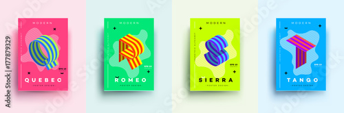 Modern Typographic Colorful Covers. Isometric Letters Q, R, S,T With Abstract Memphis Design Background. Vector Trendy Template For Your Posters, Banners, Presentations, Layouts