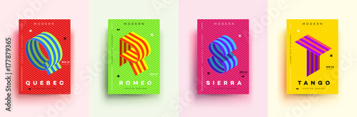 Modern Typographic Colorful Covers. Isometric Letters Q, R, S,T With Abstract Memphis Design Background. Vector Trendy Template For Your Posters, Banners, Presentations, Layouts