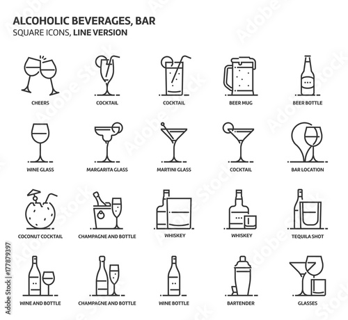 Alcoholic beverages, square icon set