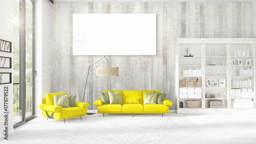 Modern interior in vogue with yellow couch  vertical empty frame and copyspace in horizontal arrangement. 3D rendering.