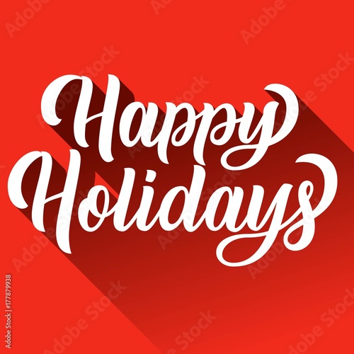 Happy holidays hand lettering with long gradient shadow on red retro background. Vector illustration. Can be used for holidays festive design.