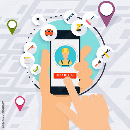 Hand holding mobile smart phone with application search builder. Builder and color tools for repair and home improvement. Flat design modern vector illustration concept.