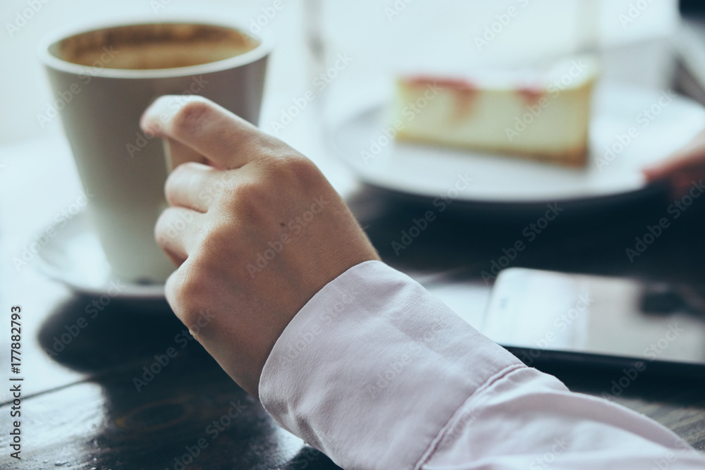 cafe, cake, hand, cup of coffee