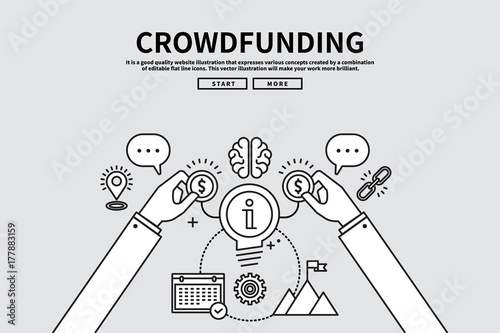 Flat line vector editable graphic illustration, business finance concept, crowdfunding