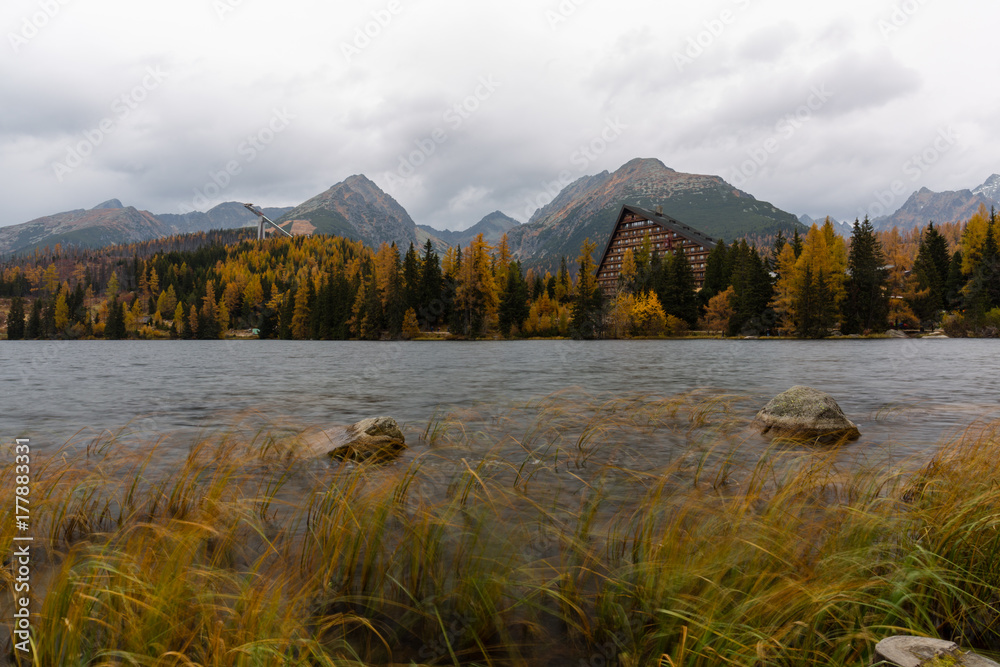 Strbske Pleso. Mountain lake in National Park High Tatras. Slovakia. Europe. Autumn scene, rainy day with raindrops.