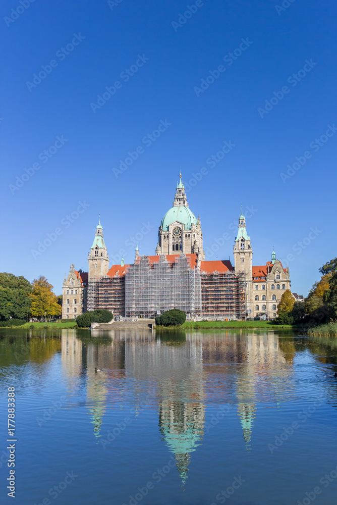 New city hall with reflection in the water in Hannover