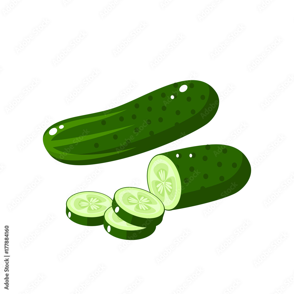 Vegetables. Whole and sliced cucumber, . Vector illustration cartoon flat  icon isolated on white. Stock Vector | Adobe Stock