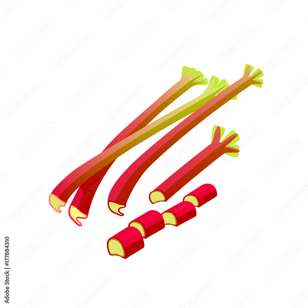 Vegetables. Rhubarb, whole and chopped. Vector illustration cartoon flat icon isolated on white. Vegetables. Rhubarb, whole and chopped. Vector illustration cartoon flat icon isolated on white.