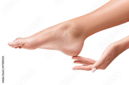 Perfect female feet. Hand touches elegant leg.