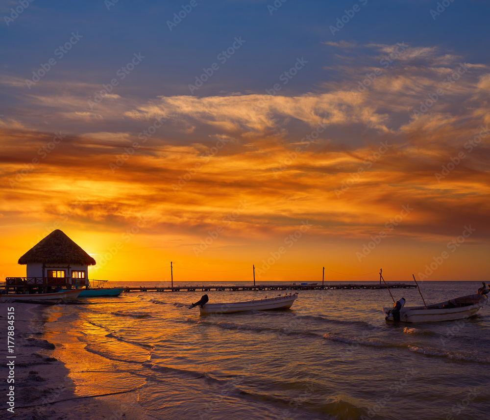 Holbox Island pier hut sunset beach in Mexico Holbox Island pier hut sunset beach in Mexico