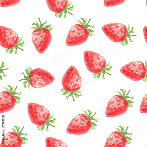 Fototapeta Naklejka Na Ścianę i Meble -  Hand drawn watercolor strawberry seamless background, on white backdrop. Food repeating pattern.