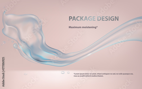 Vector realistic illustration of splash, splashes of blue transparent, clear water, liquid. 3d illustration. Mock up template of packaging design, advertising poster for moisturizing cosmetic product.