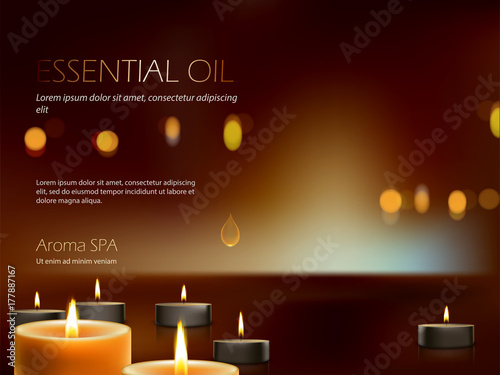Vector illustration of a realistic composition for aroma spa therapy, relaxation, meditation of burning candles with a bright flame.Advertising poster template for spa salon.