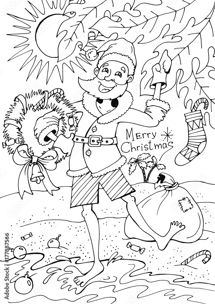 Fototapeta premium графический рисунок, Санта Клаус на пляже 