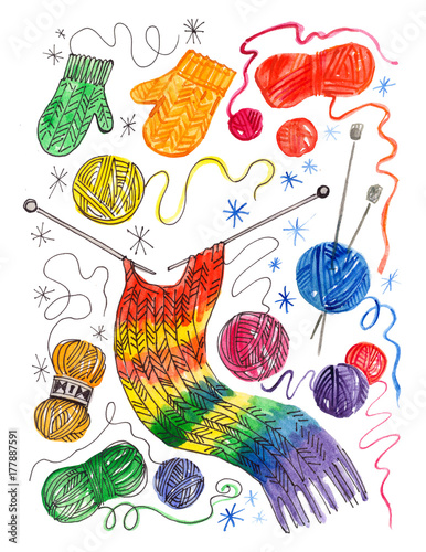 акварельный рисунок, вязание и пряжа, вязанные варежки и шарф